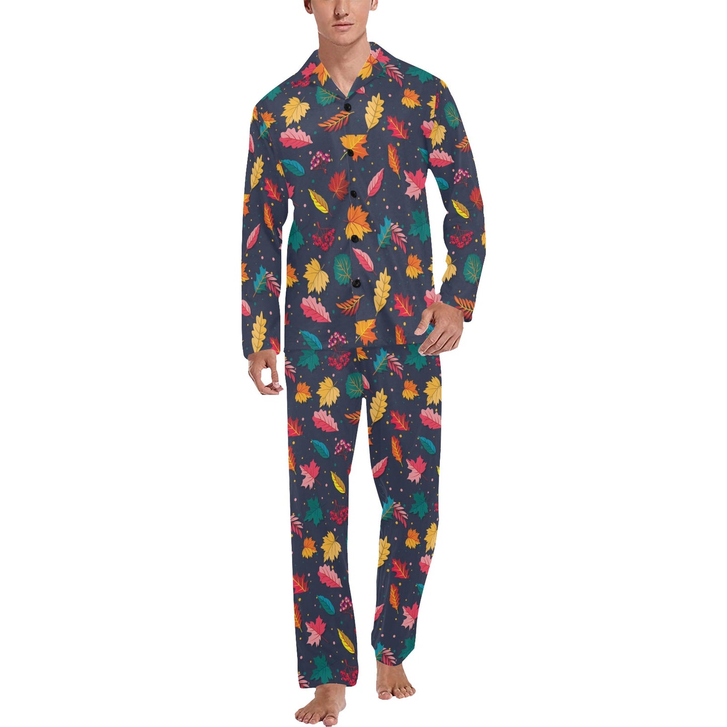Elm Leave Colorful Print Pattern Men's Long Pajama Set