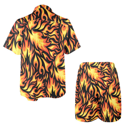 Flame Fire Design Pattern Men's Beach Shirt and Shorts Set