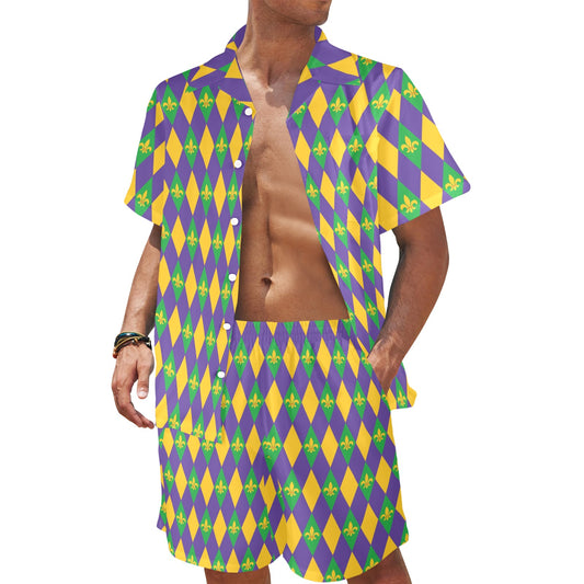 Mardi Gras Pattern Print Design 05 Men's Beach Shirt and Shorts Set