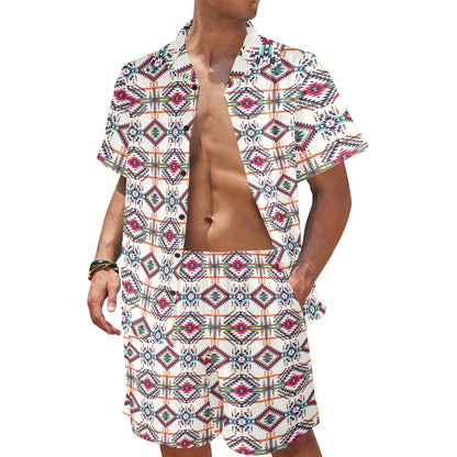 Indian Navajo Art Themed Design Print Men's Beach Shirt and Shorts Set