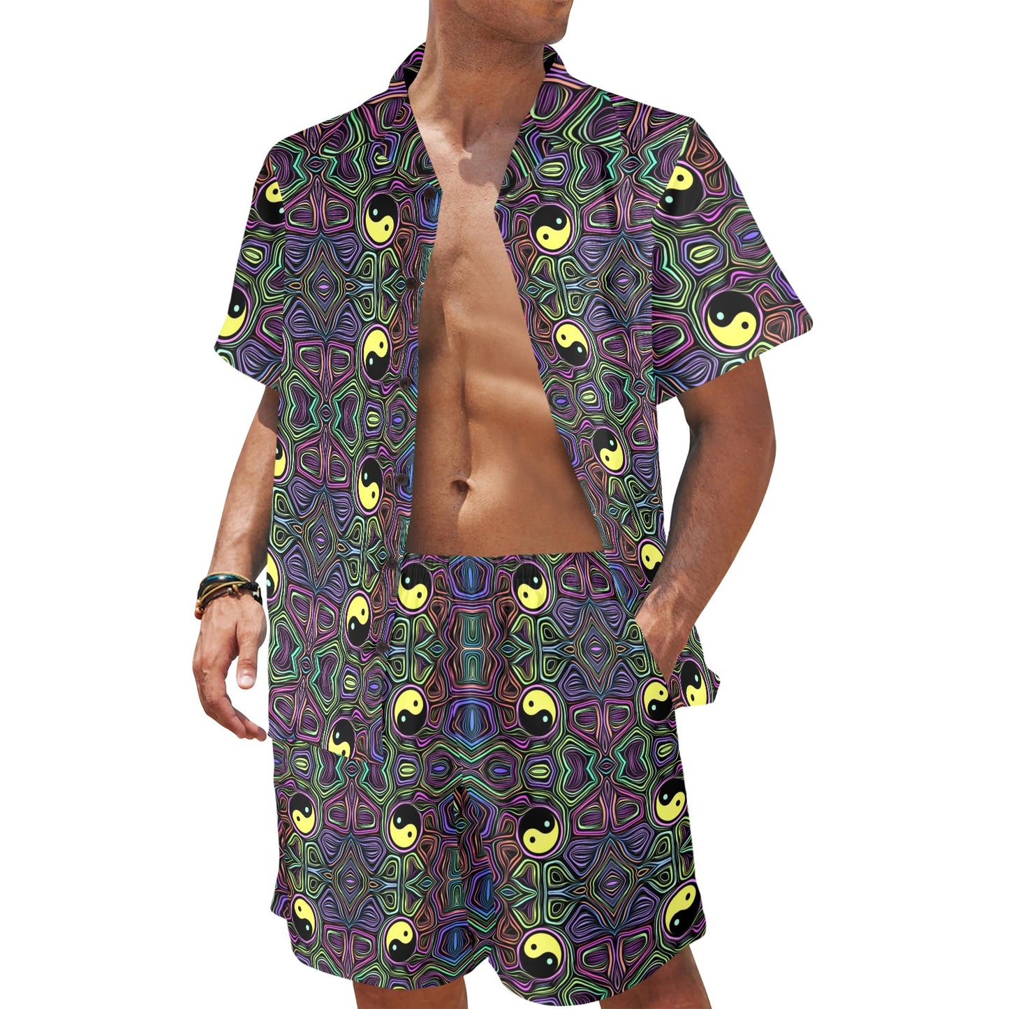 Yin Yang Neon Color Design Print Men's Beach Shirt and Shorts Set