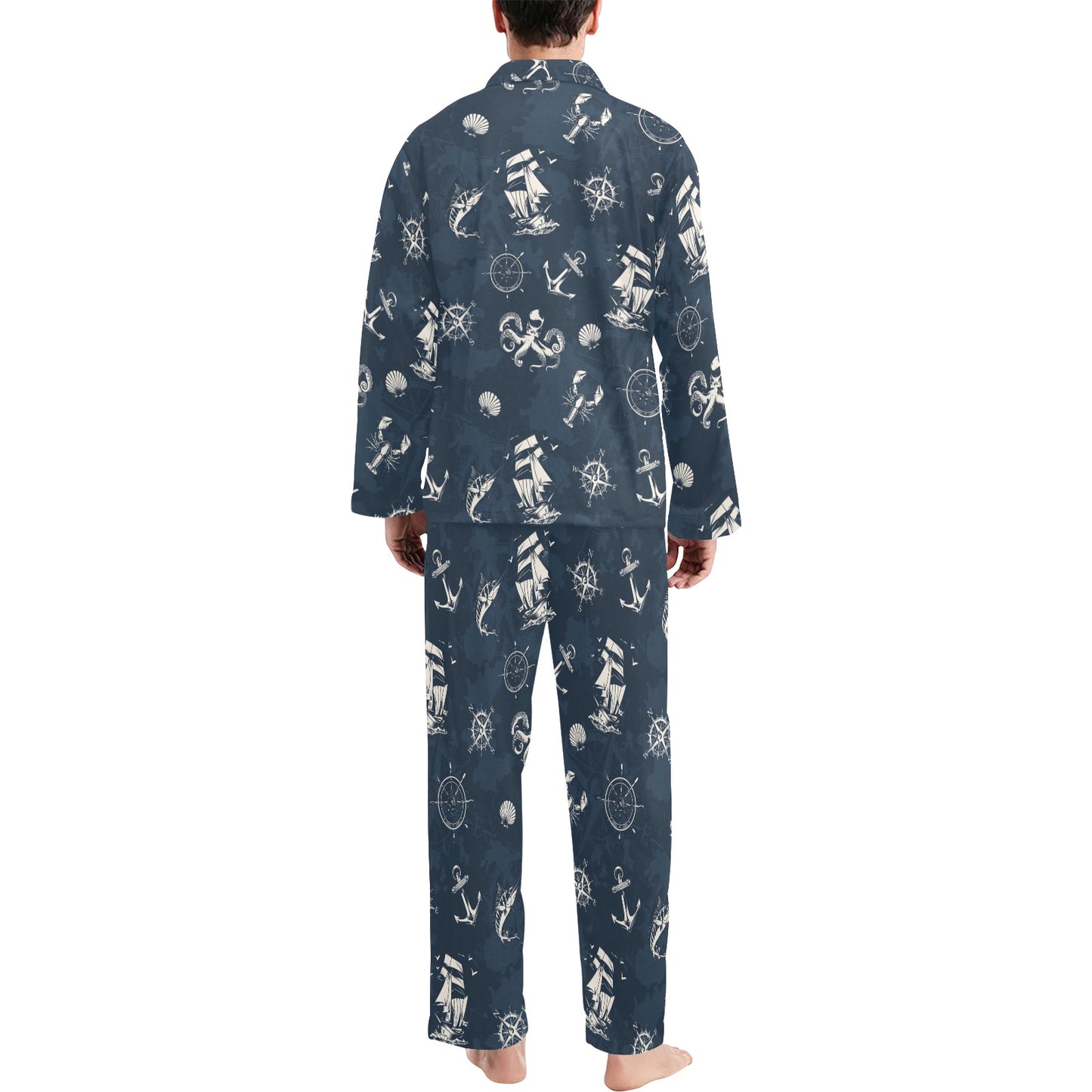 Nautical Sea Themed Print Men's Long Pajama Set