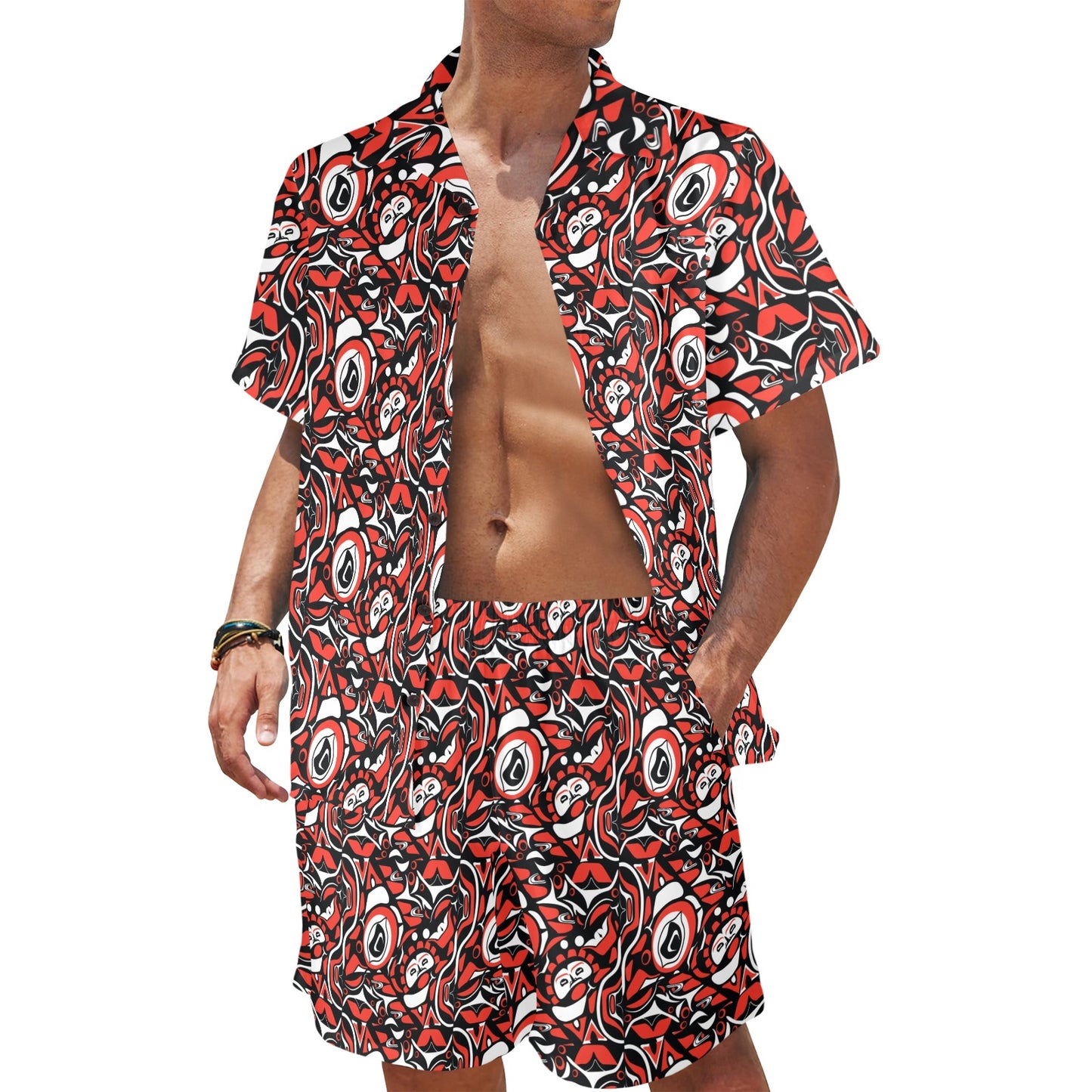 Native North American Themed Print Men's Beach Shirt and Shorts Set