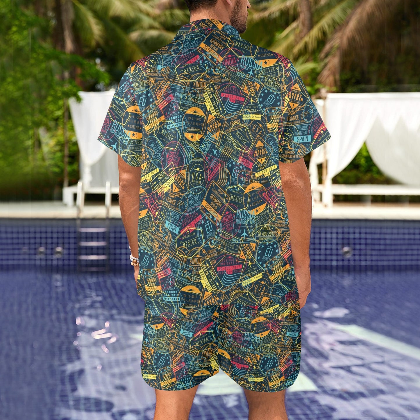 Travel Stamp Print Design LKS301 Men's Beach Shirt and Shorts Set