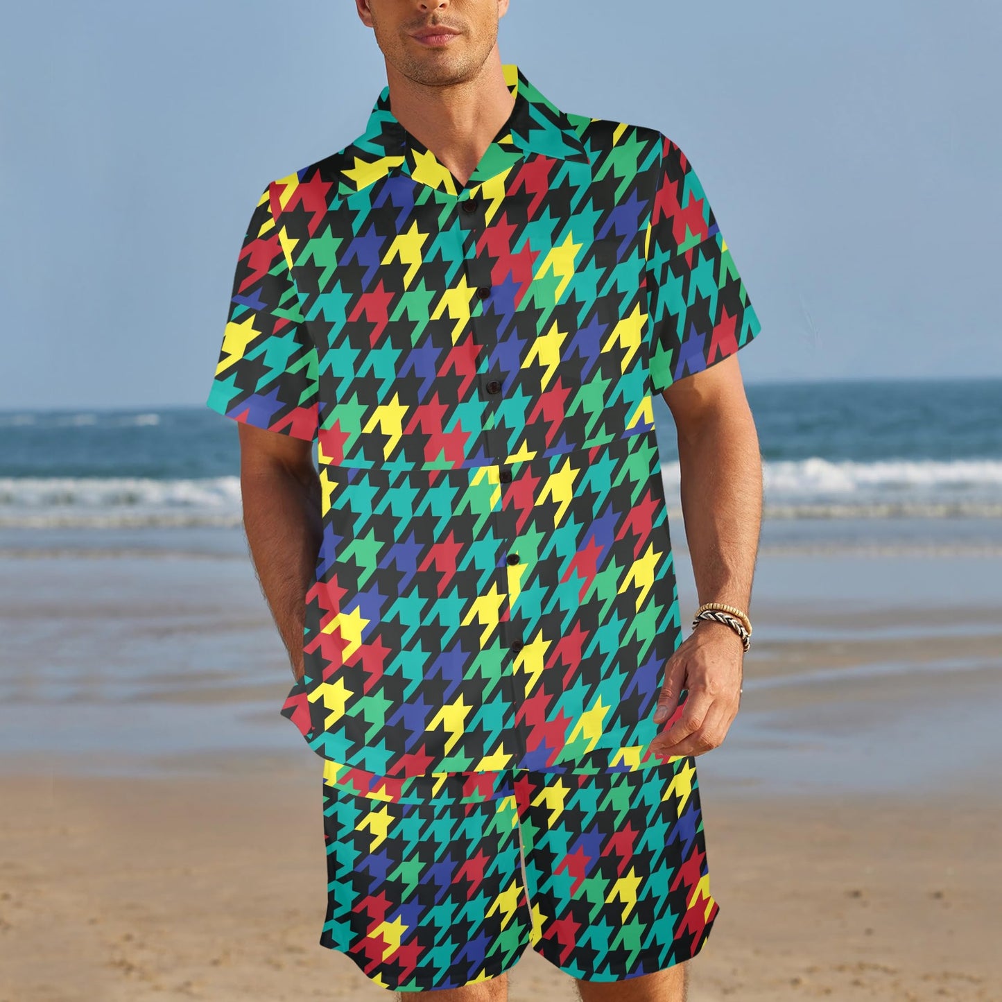 Houndstooth Colorful Pattern Print Design 02 Men's Beach Shirt and Shorts Set