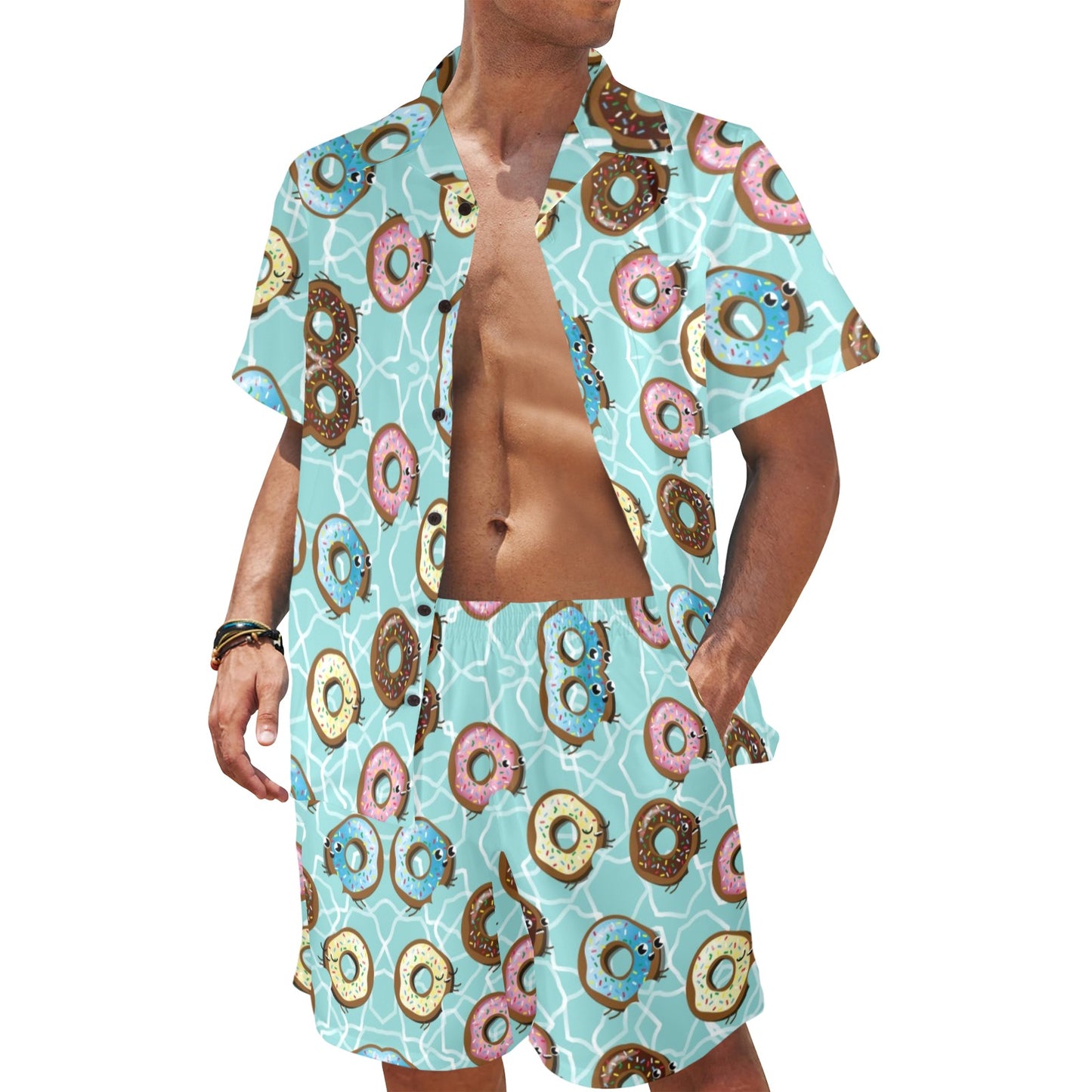 Emoji Donut Print Pattern Men's Beach Shirt and Shorts Set