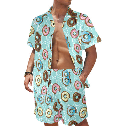 Emoji Donut Print Pattern Men's Beach Shirt and Shorts Set