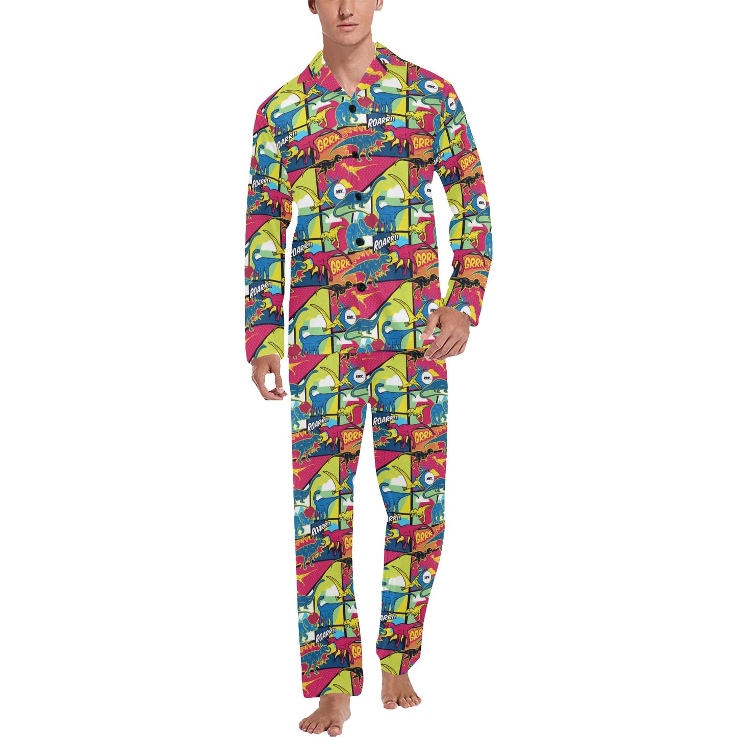 Dinosaur Comic Pop Art Style Men's Long Pajama Set