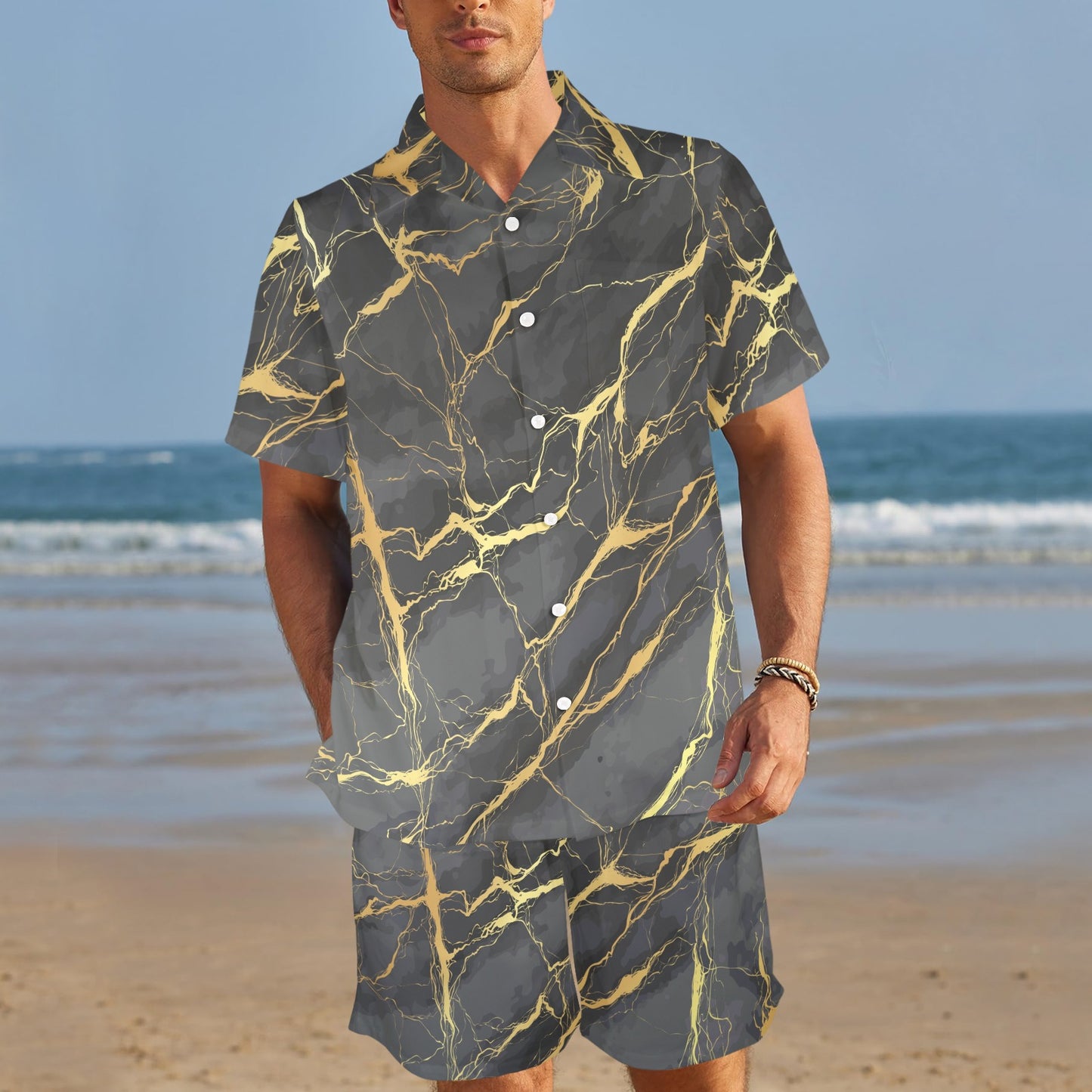 Marble Pattern Print Design 02 Men's Beach Shirt and Shorts Set