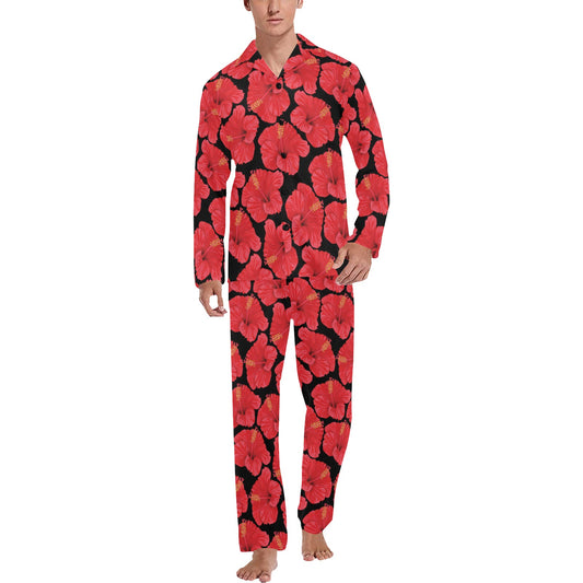 Hibiscus Red Pattern Print Design LKS306 Men's Long Pajama Set