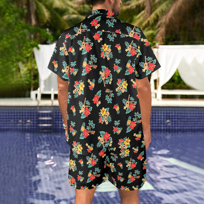 Hawaiian Flower Themed Print Men's Beach Shirt and Shorts Set