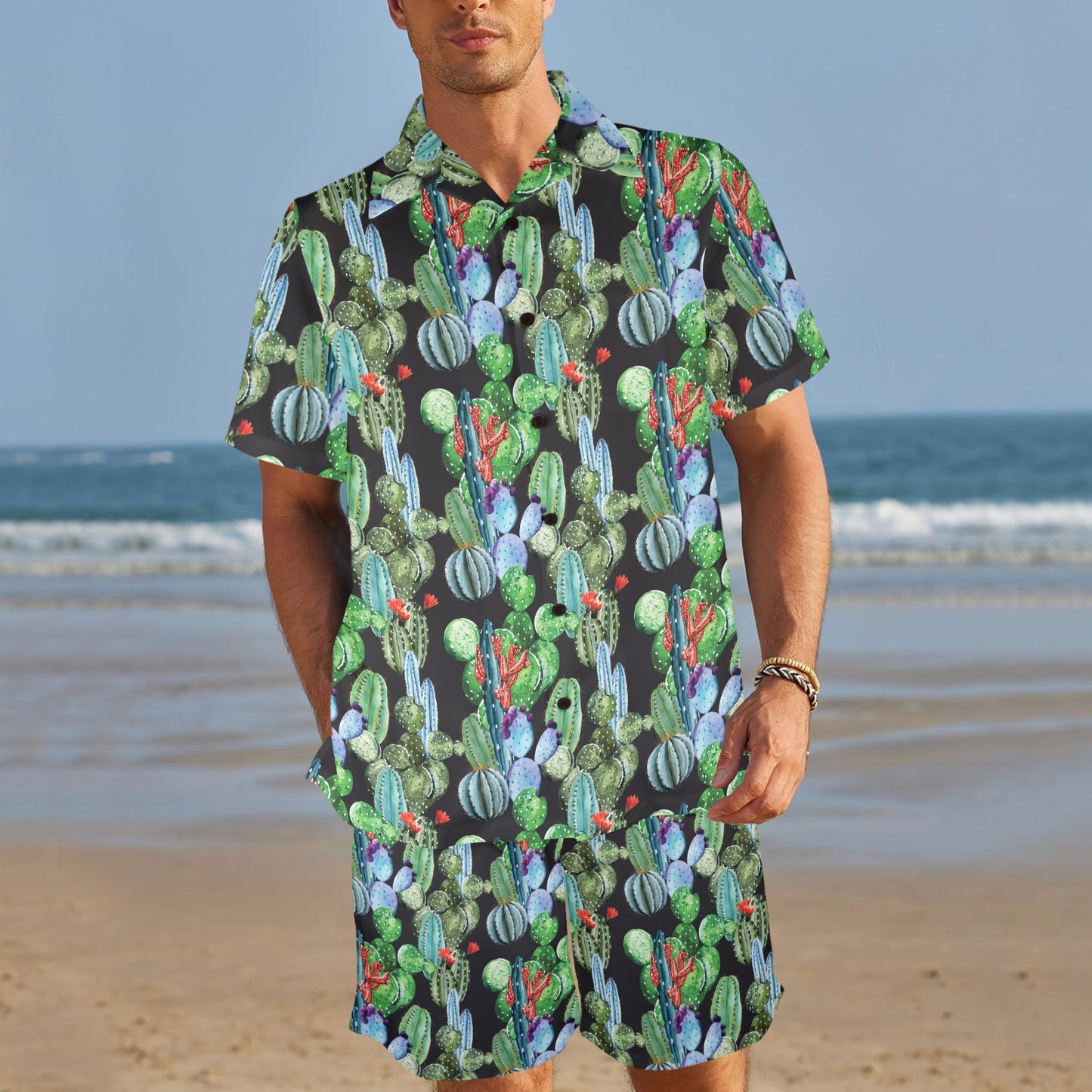 Cactus Watercolor Style Print Men's Beach Shirt and Shorts Set