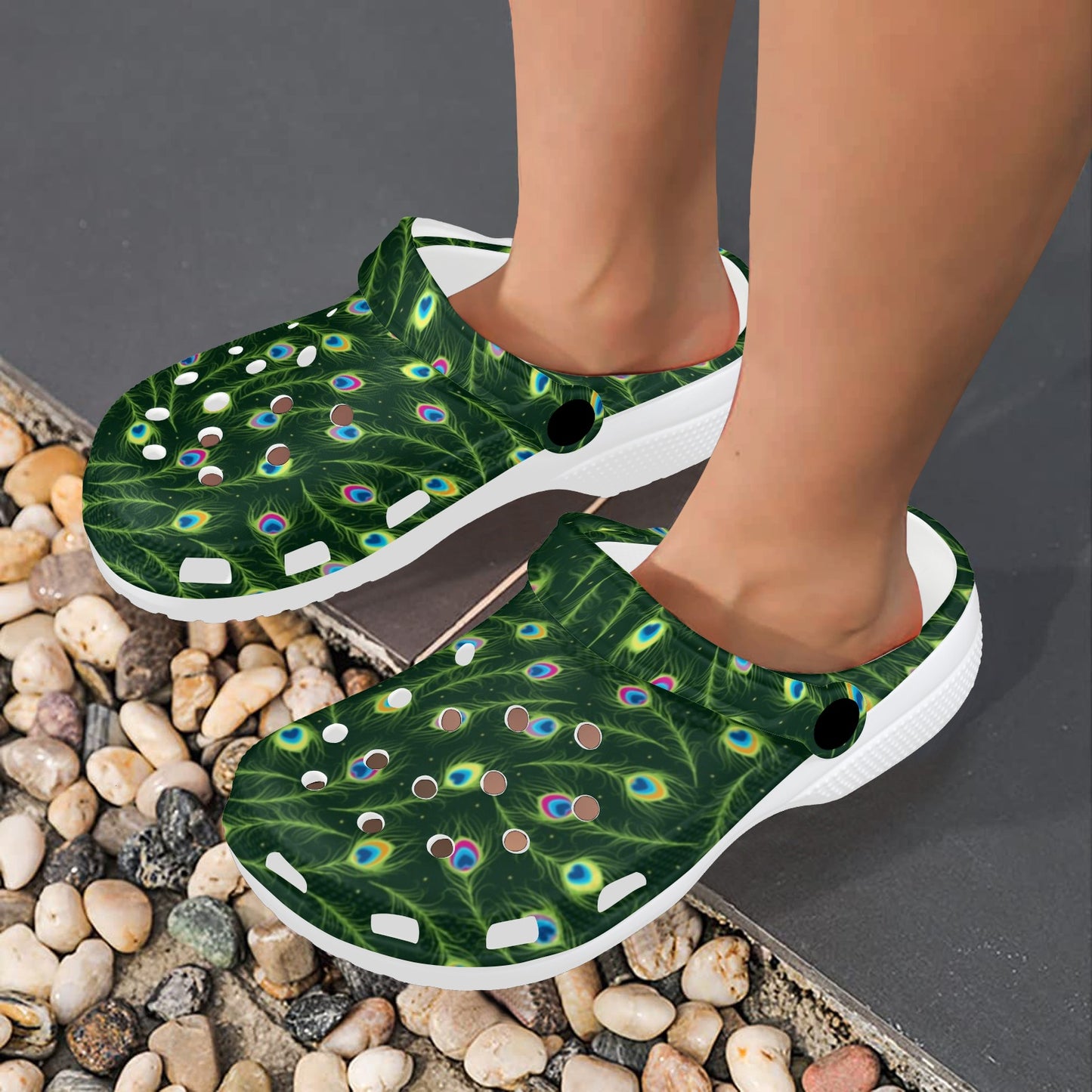 Peacock Feather Green Design Print Unisex Clogs Shoes