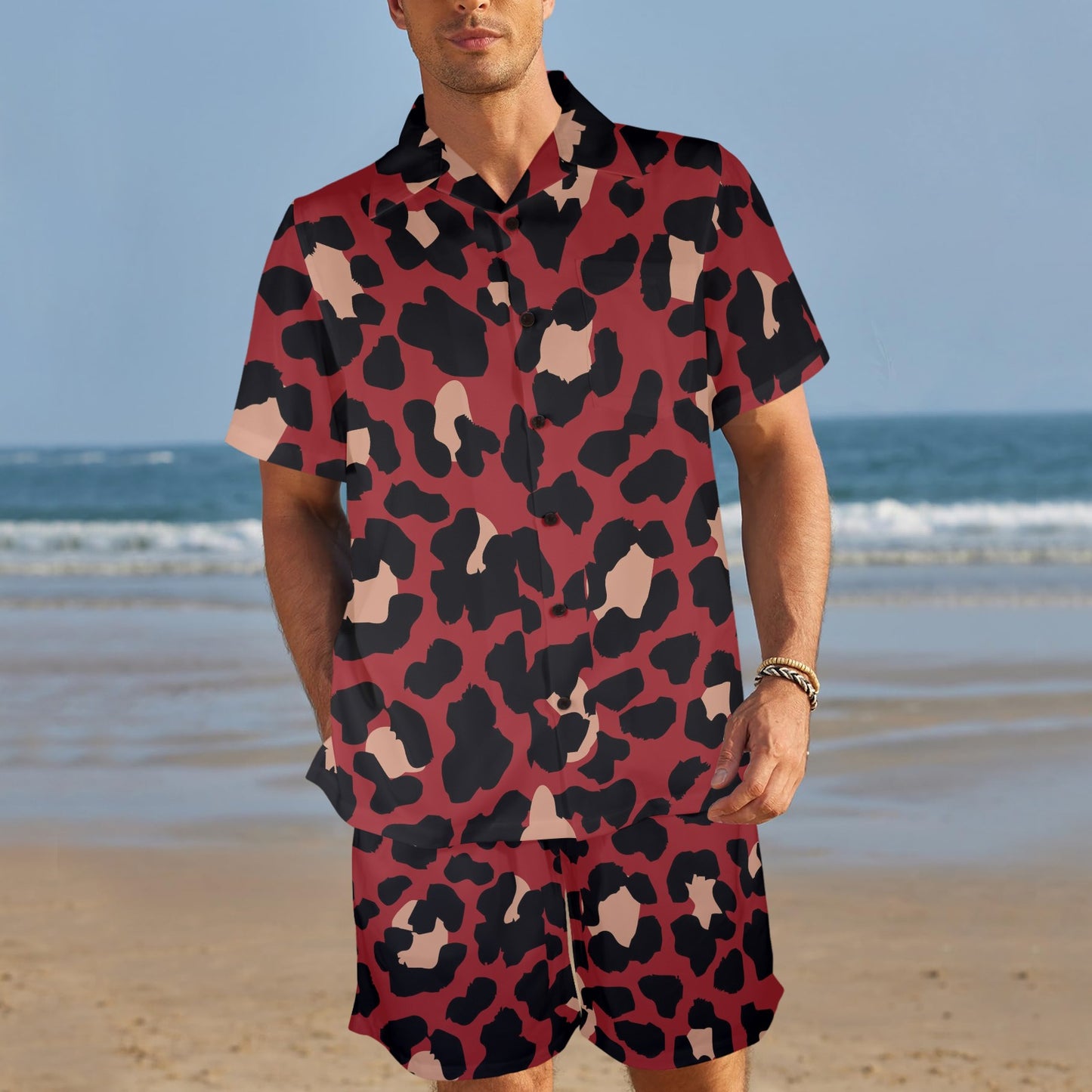 Cheetah Red Print Pattern Men's Beach Shirt and Shorts Set