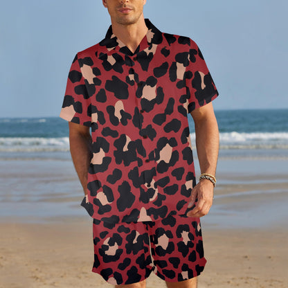 Cheetah Red Print Pattern Men's Beach Shirt and Shorts Set