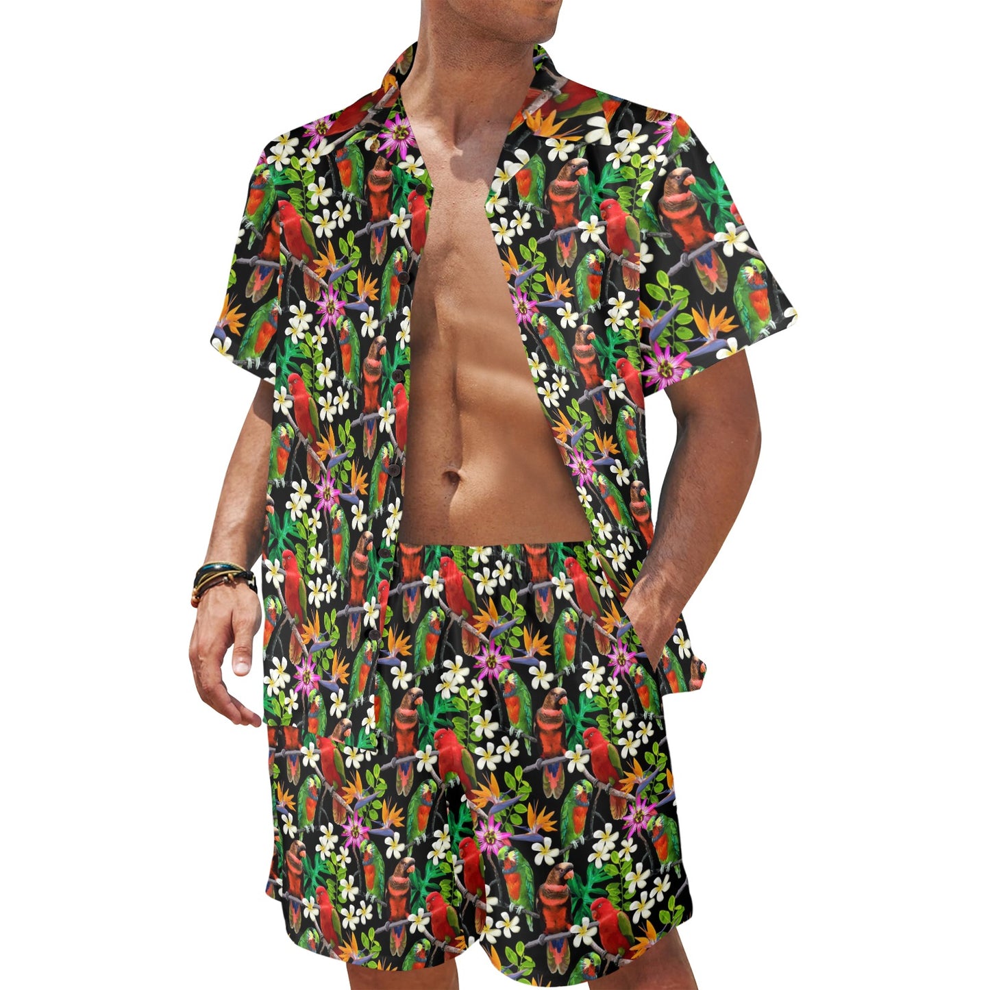 Parrot Design Print Men's Beach Shirt and Shorts Set
