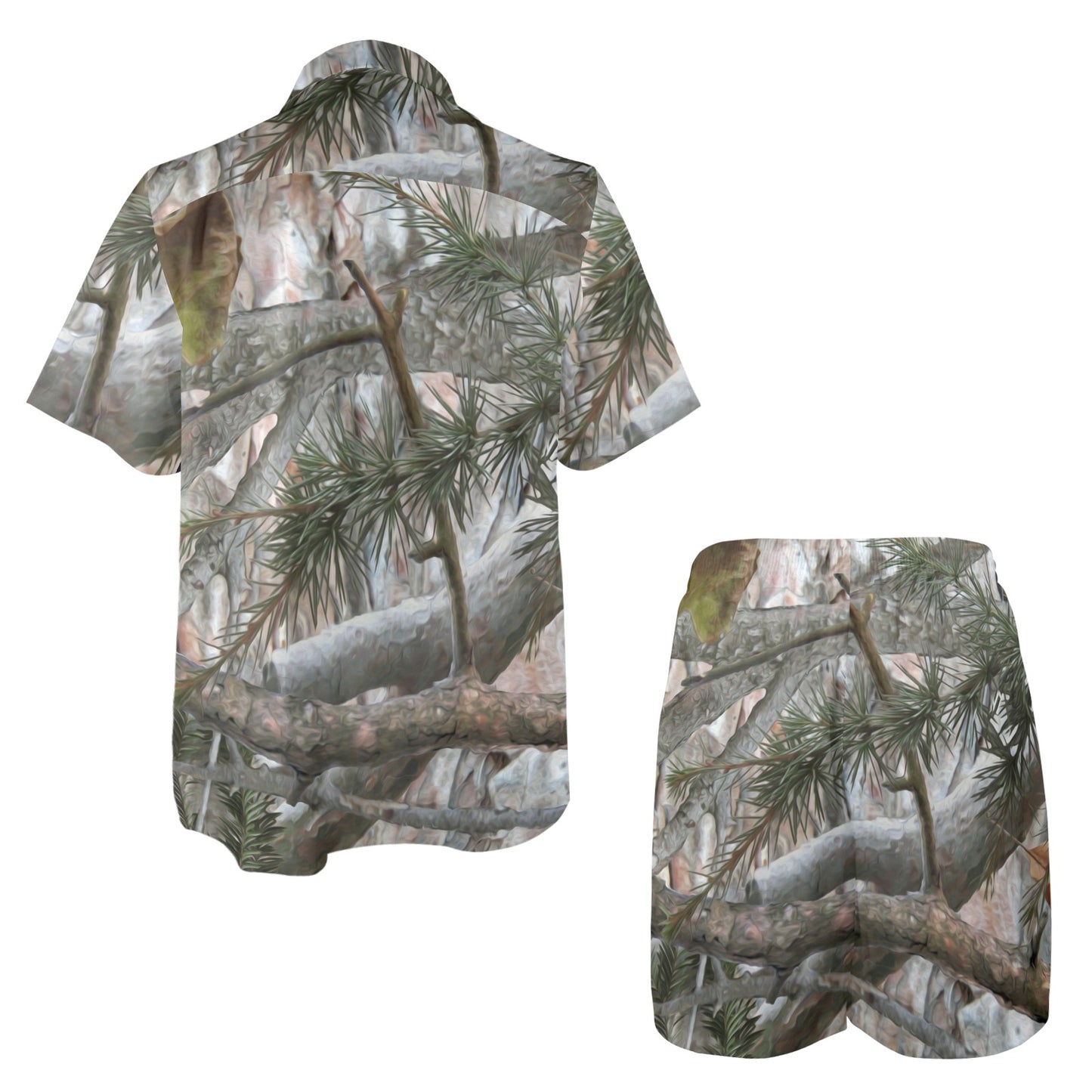 Camo Realistic Tree Forest Pattern Men's Beach Shirt and Shorts Set