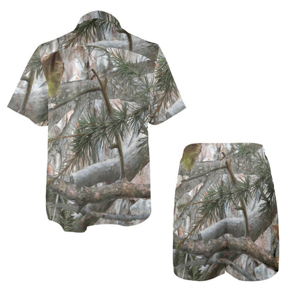 Camo Realistic Tree Forest Pattern Men's Beach Shirt and Shorts Set