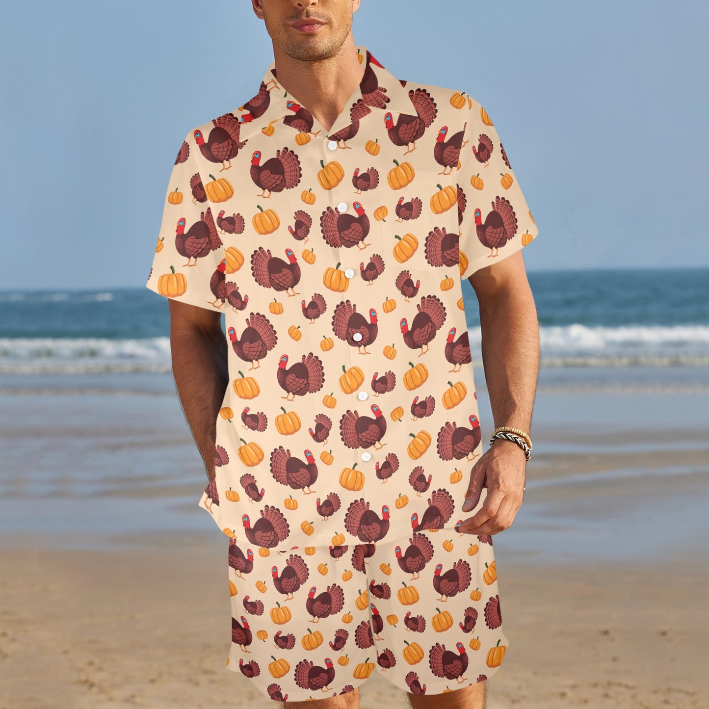 Thanksgiving Print Design LKS308 Men's Beach Shirt and Shorts Set