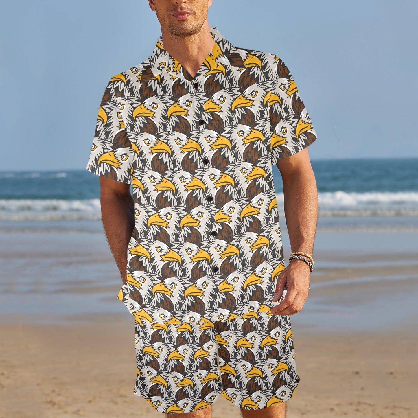 Eagles Head Pattern Men's Beach Shirt and Shorts Set