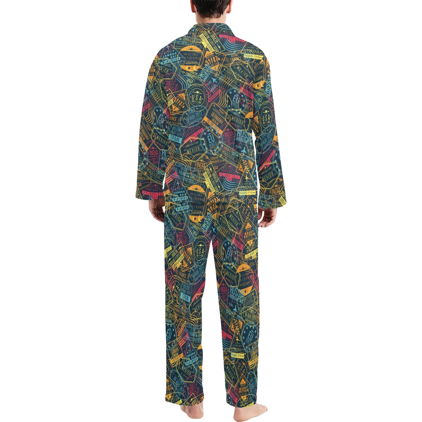 Travel Stamp Colorful Print Design LKS304 Men's Long Pajama Set