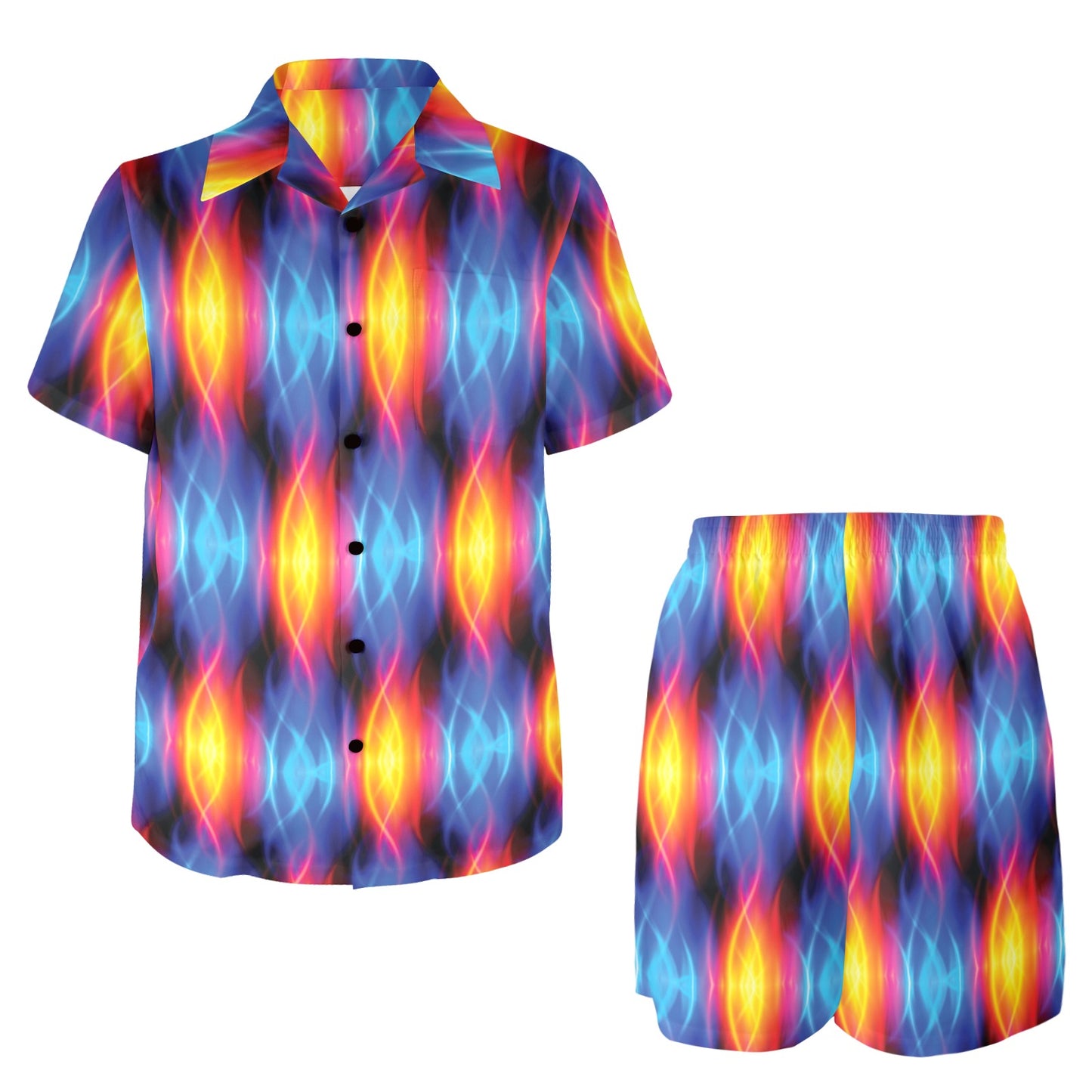 Flame Fire Blue Design Print Men's Beach Shirt and Shorts Set