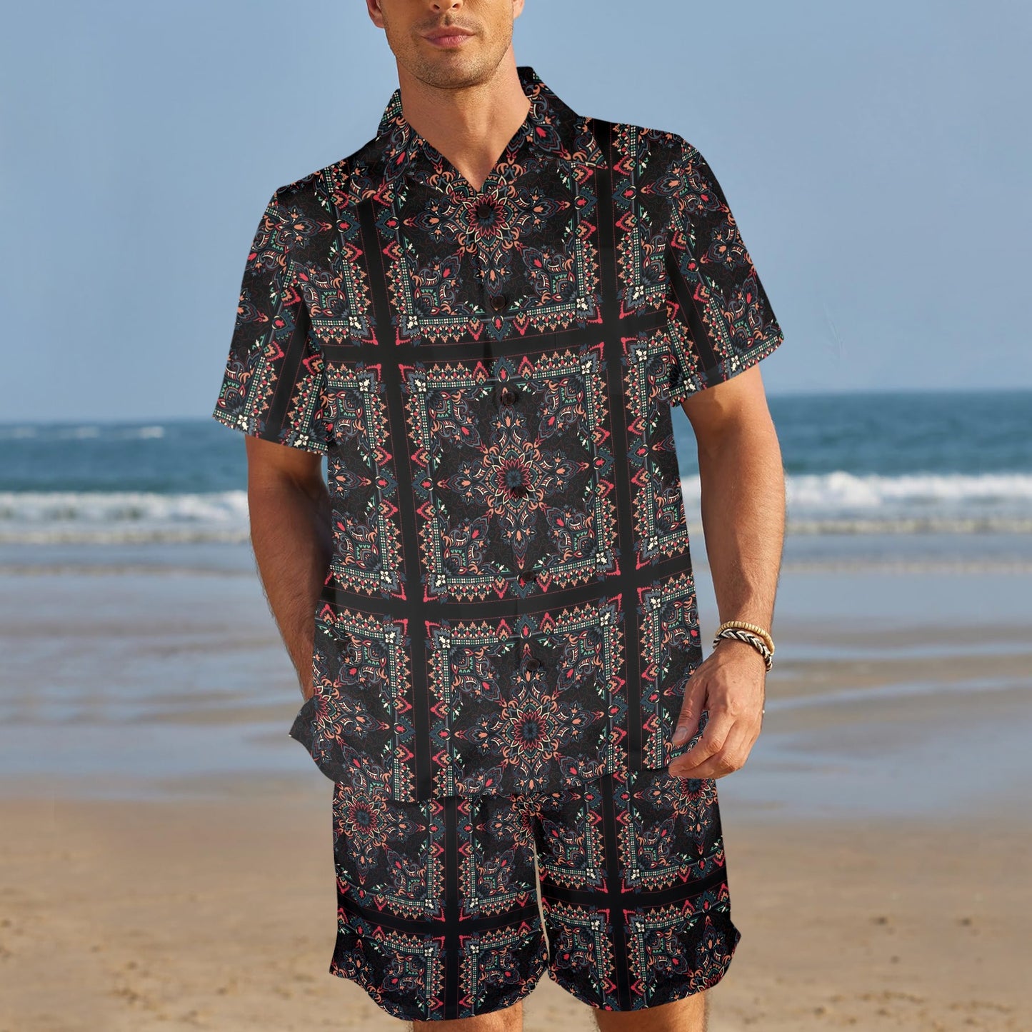 Bandana Print Design LKS307 Men's Beach Shirt and Shorts Set