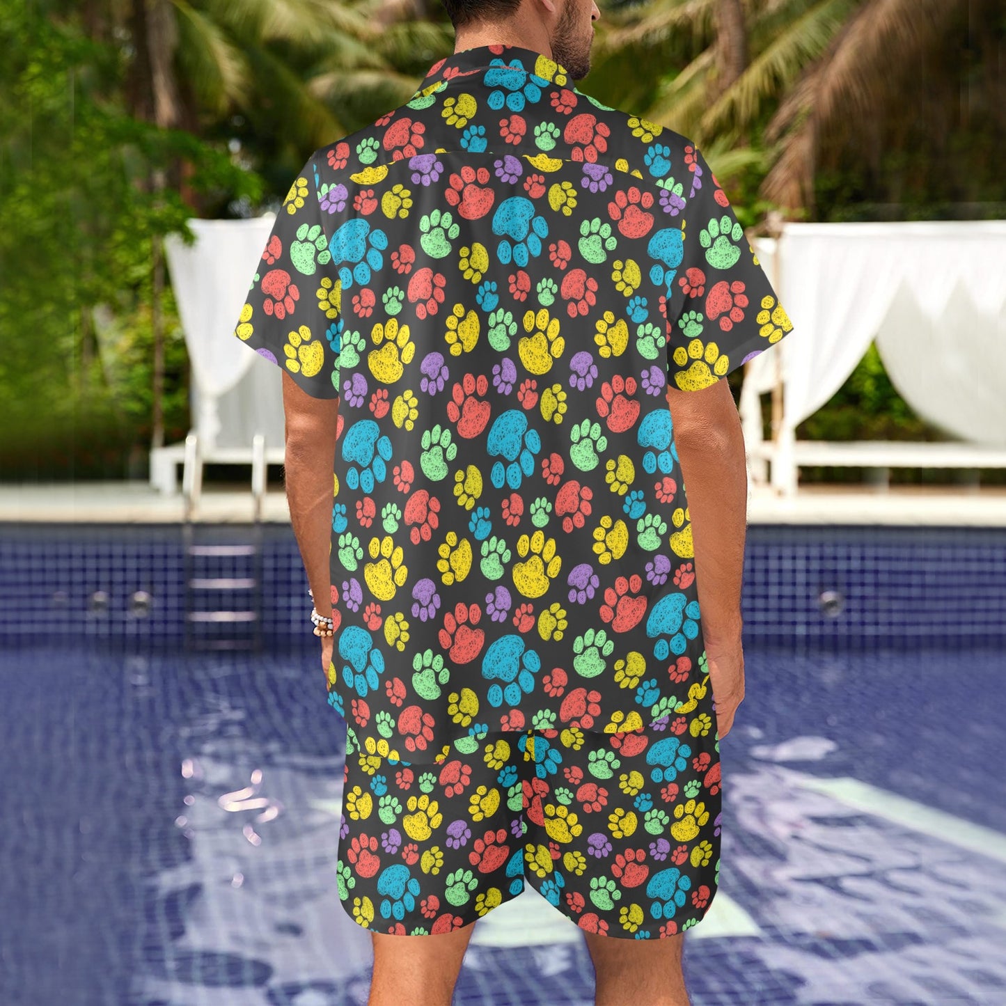 Paw Colorful Print Men's Beach Shirt and Shorts Set