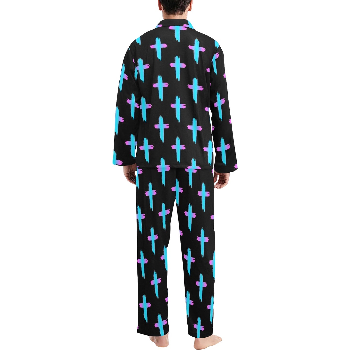 Christian Cross neon Pattern Men's Long Pajama Set