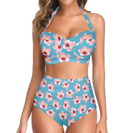 Cherry Blossom Pattern Print Design CB09 Halter Neck Bikini Swimsuit