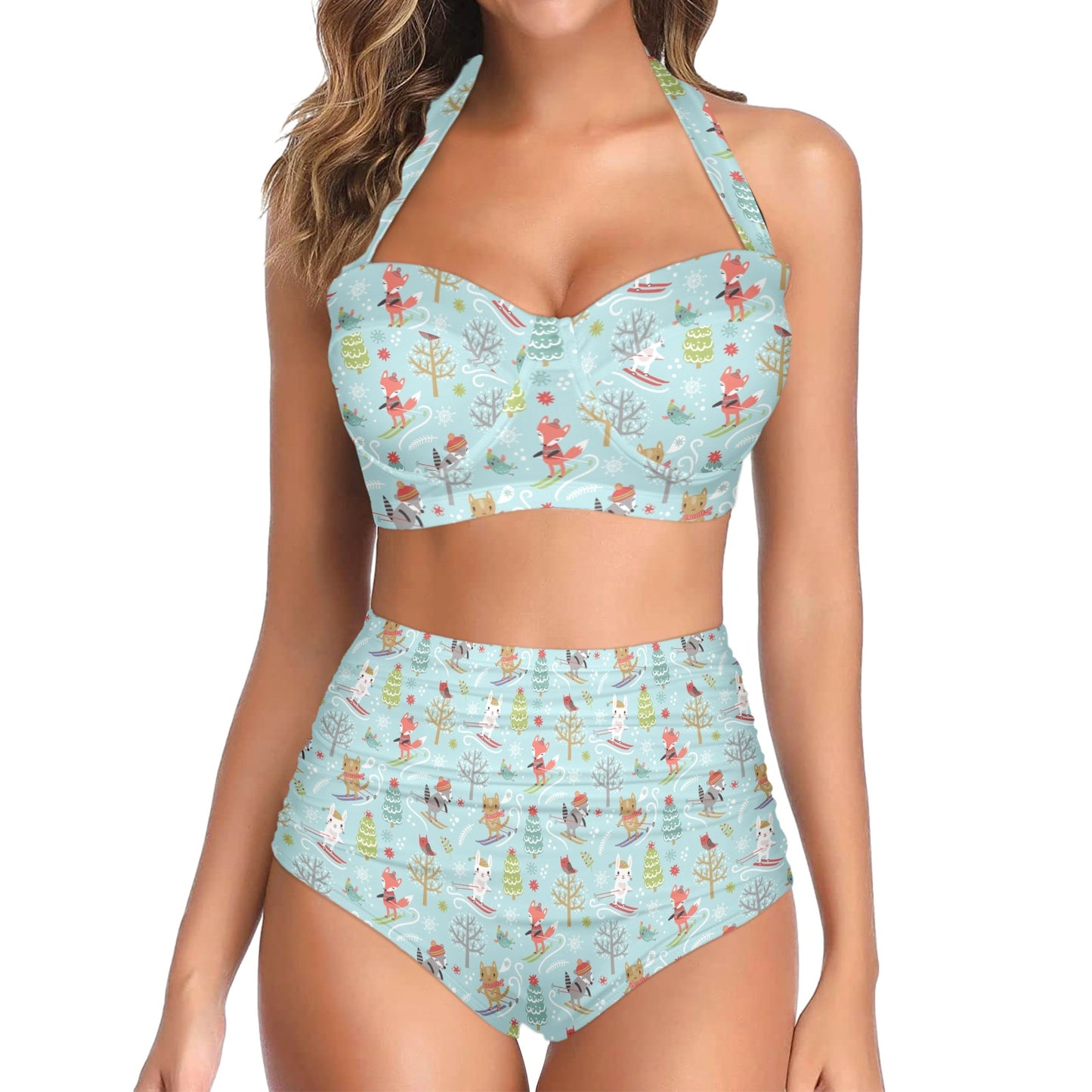 Ski Fox Cute Print Design LKS303 Halter Neck Bikini Swimsuit