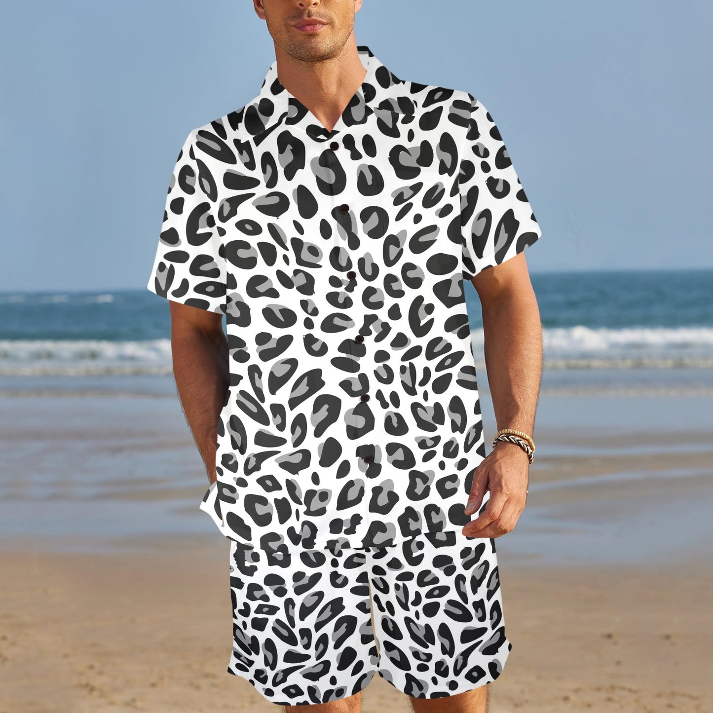 Snow Leopard Skin Print Men's Beach Shirt and Shorts Set