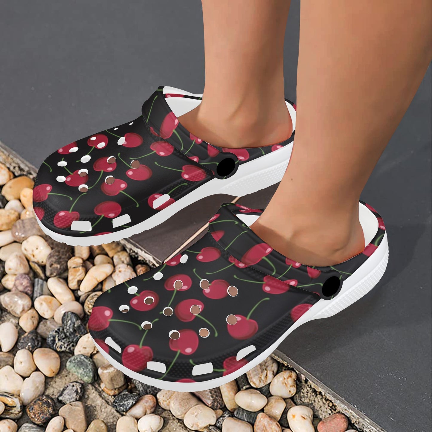 Cherry Black Background Unisex Clogs Shoes