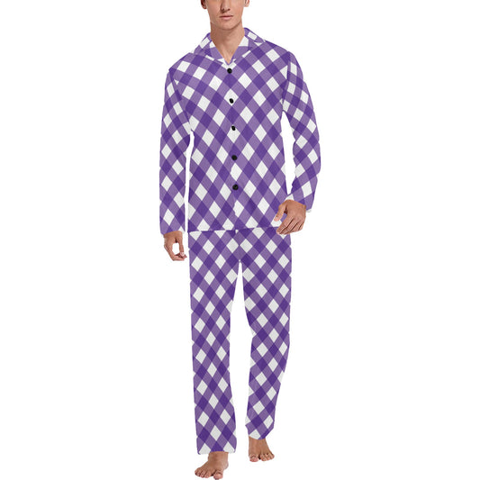 Gingham Purple Pattern Print Design 03 Men's Long Pajama Set