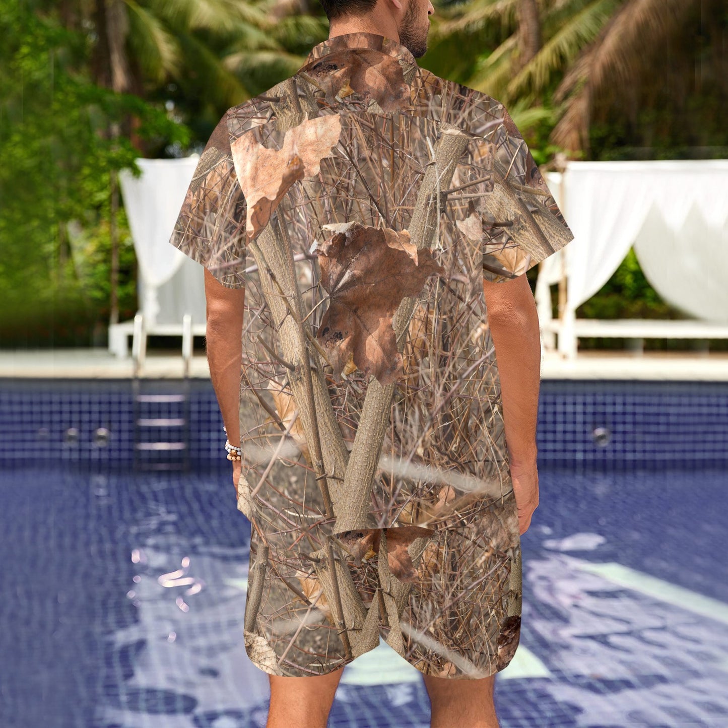 Camo Realistic Tree Forest Autumn Print Men's Beach Shirt and Shorts Set