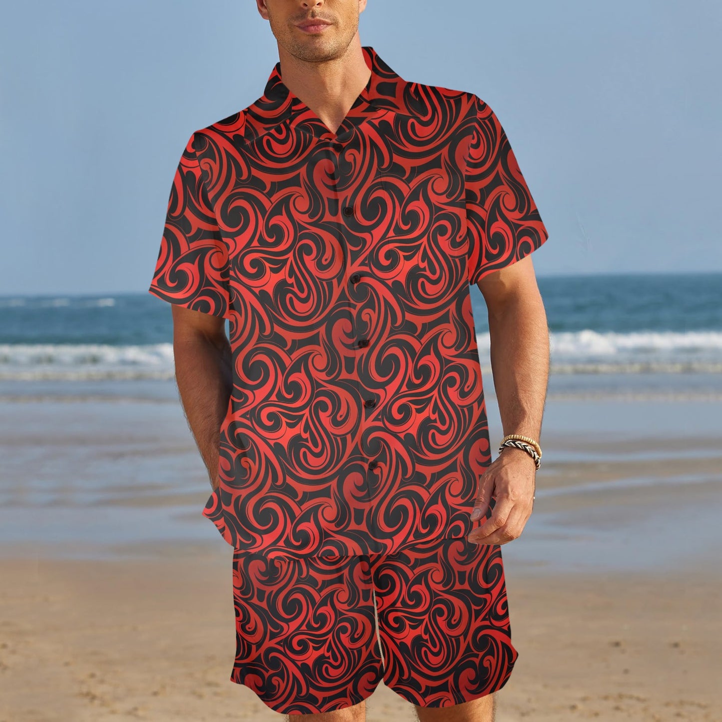 Maori Red Black Themed Design Men's Beach Shirt and Shorts Set