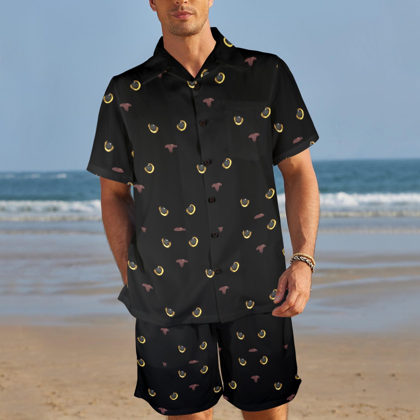 Black Cat Face Print Pattern Men's Beach Shirt and Shorts Set