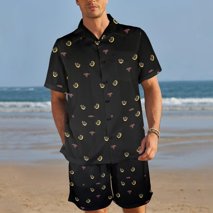Black Cat Face Print Pattern Men's Beach Shirt and Shorts Set