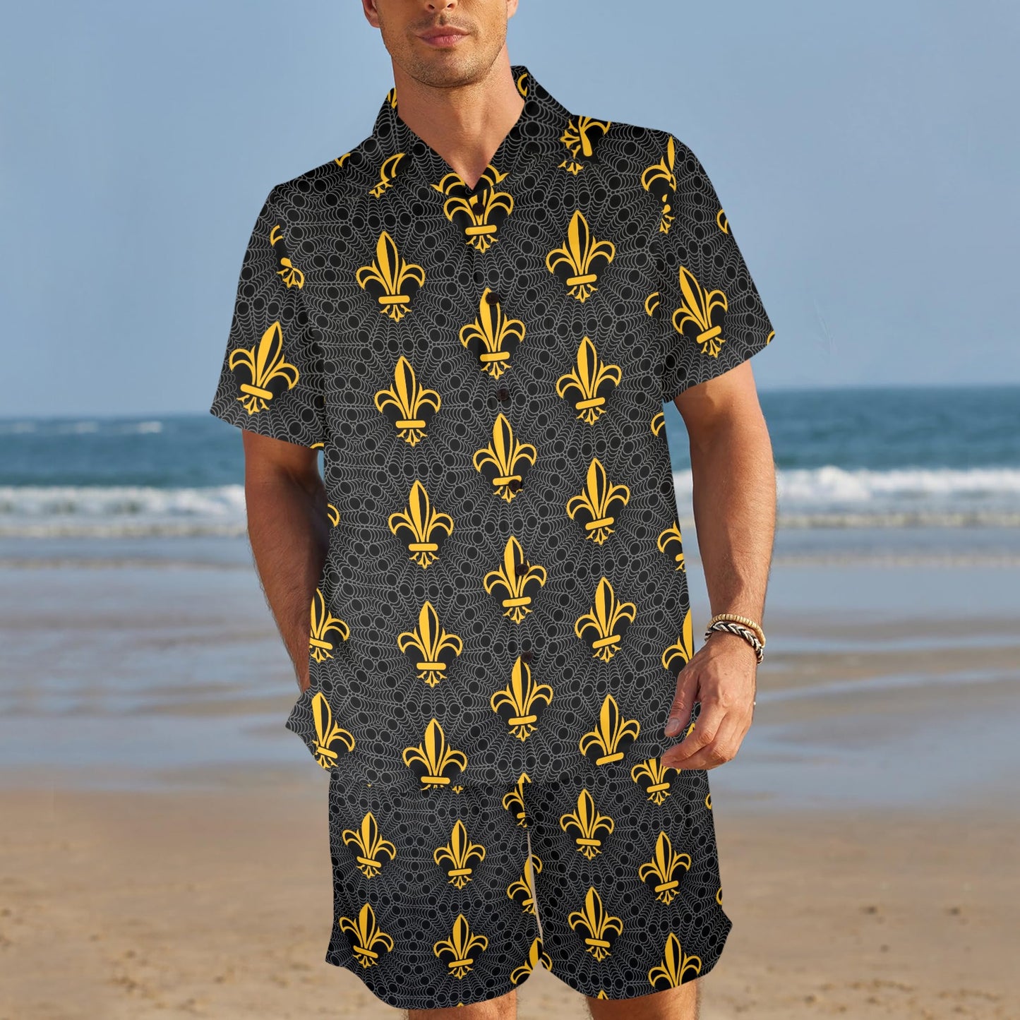 Fleur De Lis Gold Pattern Print Design 01 Men's Beach Shirt and Shorts Set
