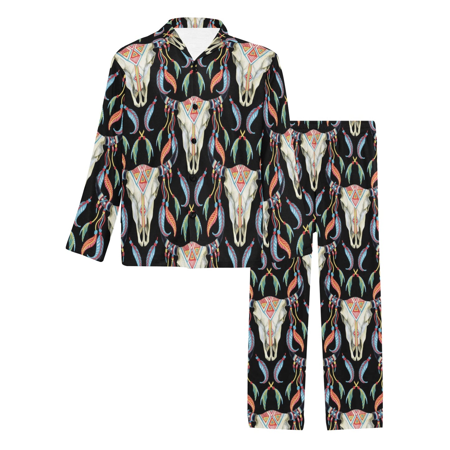 Buffalo Head Boho Style Pattern Print Design 01 Men's Long Pajama Set