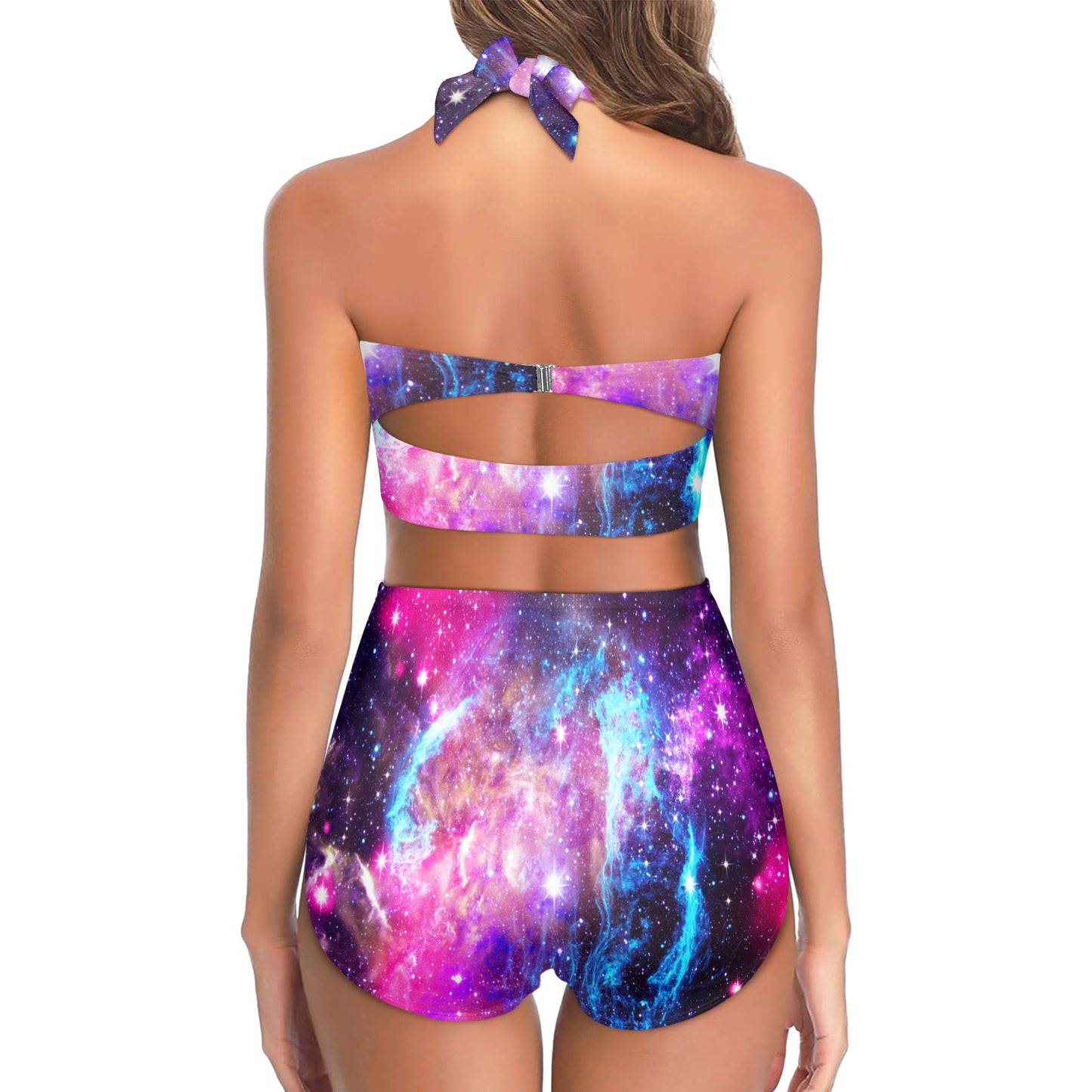 Galaxy Night Purple Space Print Halter Neck Bikini Swimsuit