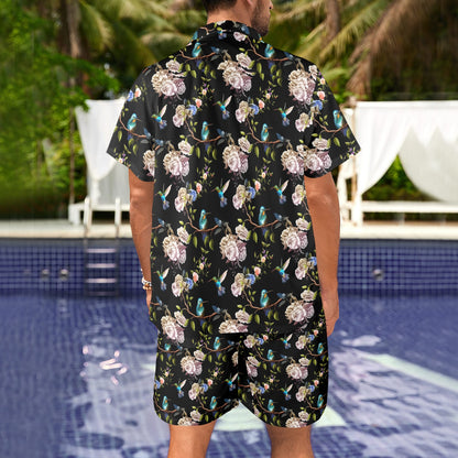 Hummingbird Flower Themed Print Men's Beach Shirt and Shorts Set