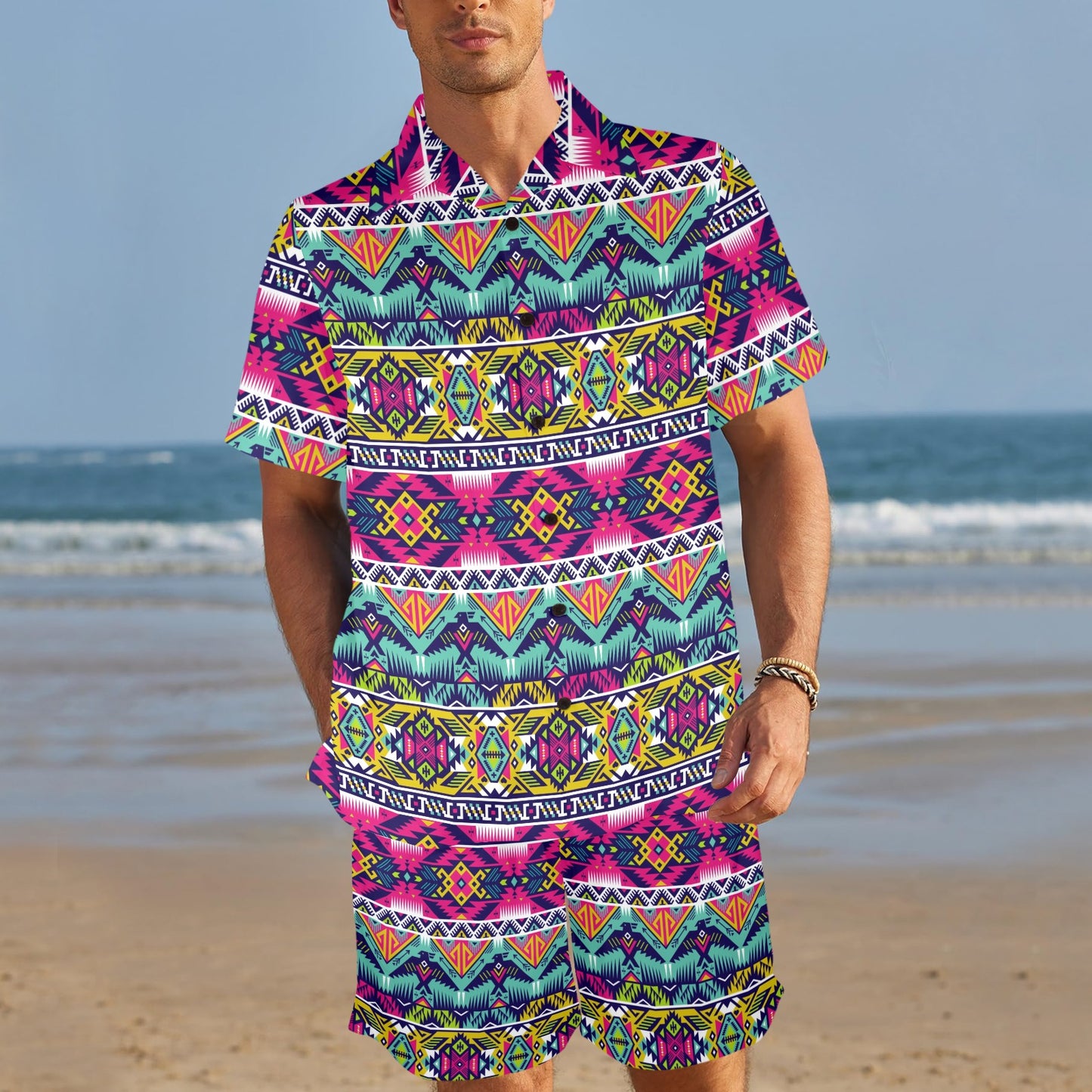 Indian Navajo Color Themed Design Print Men's Beach Shirt and Shorts Set