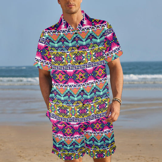 Indian Navajo Color Themed Design Print Men's Beach Shirt and Shorts Set