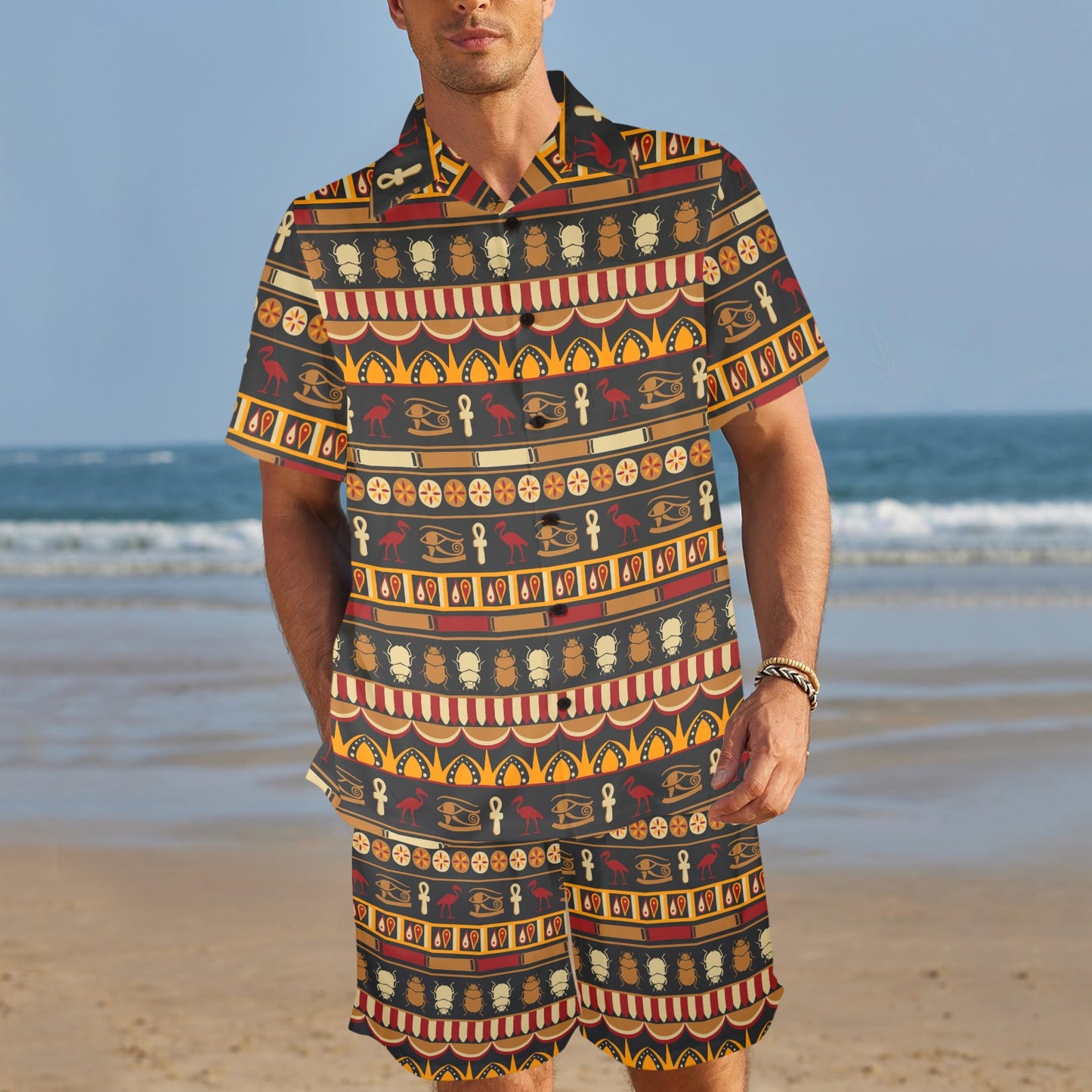egyptian Design Print Pattern JJ0173 Men's Beach Shirt and Shorts Set