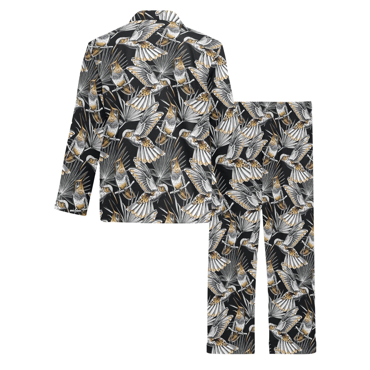 Hummingbird Gold Design Themed Print Men's Long Pajama Set
