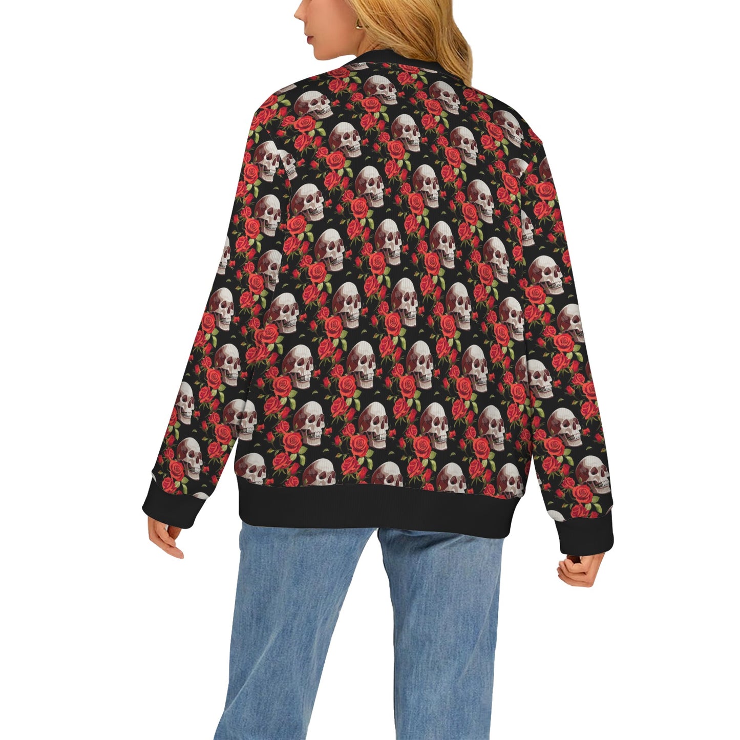 Red Rose Skull Design Print Women's Cardigan