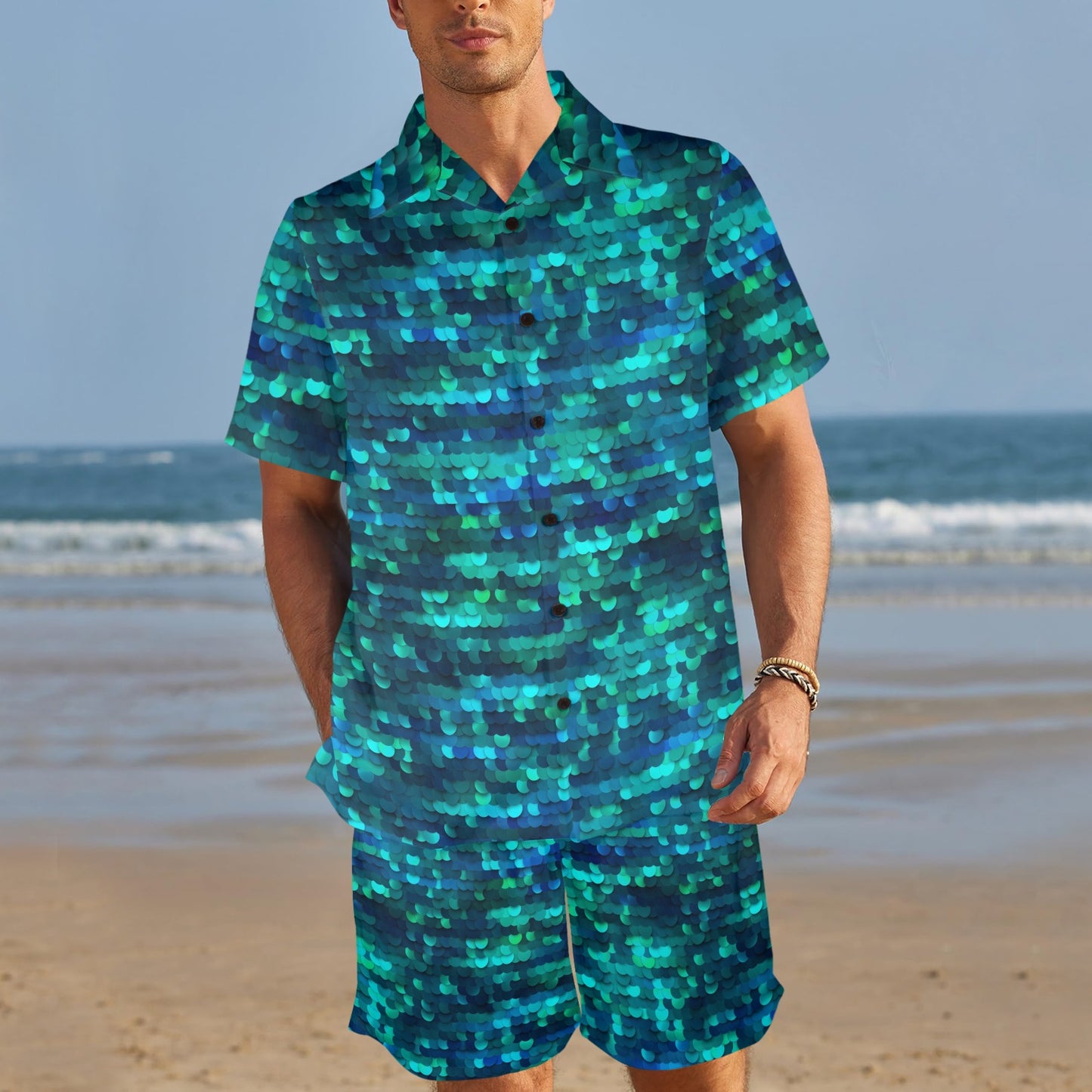 Mermaid Scales Pattern Print Design 06 Men's Beach Shirt and Shorts Set