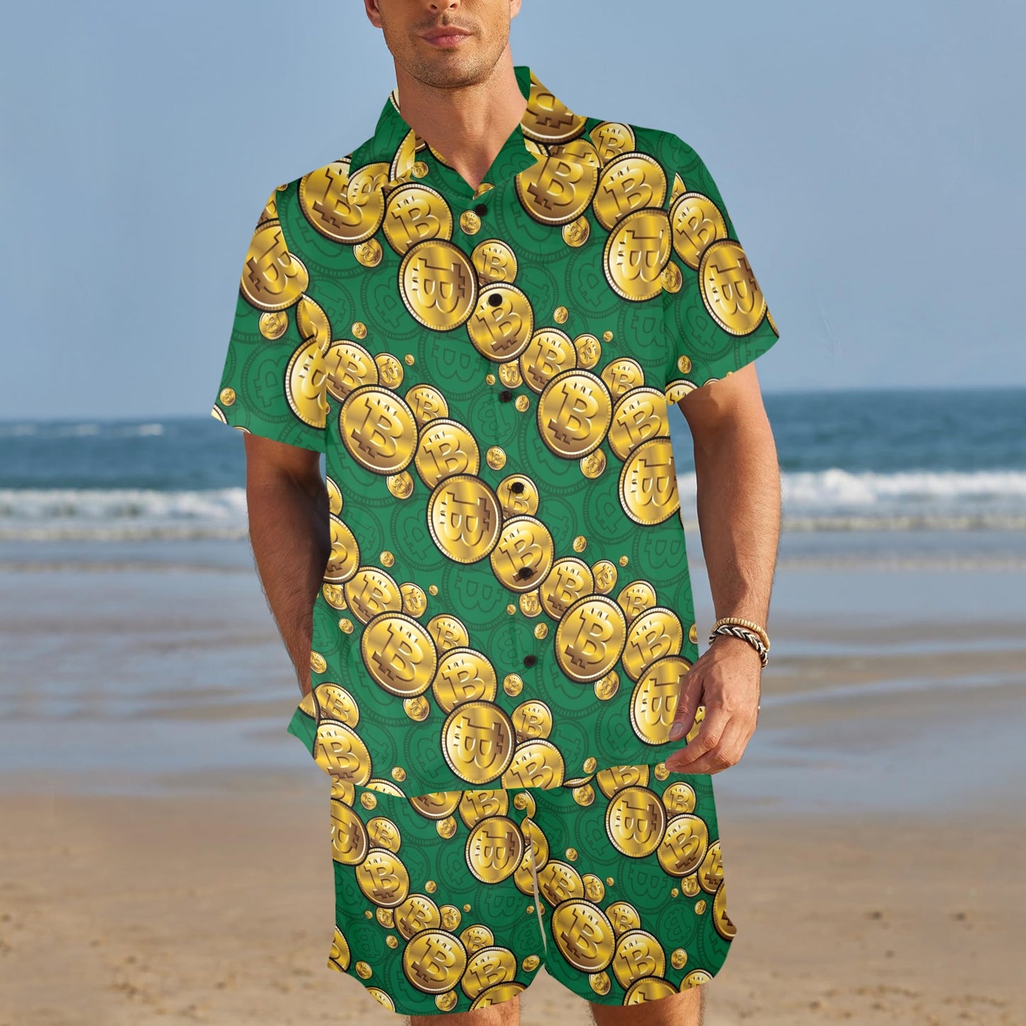 Bitcoin Pattern Print Design DO02 Men's Beach Shirt and Shorts Set