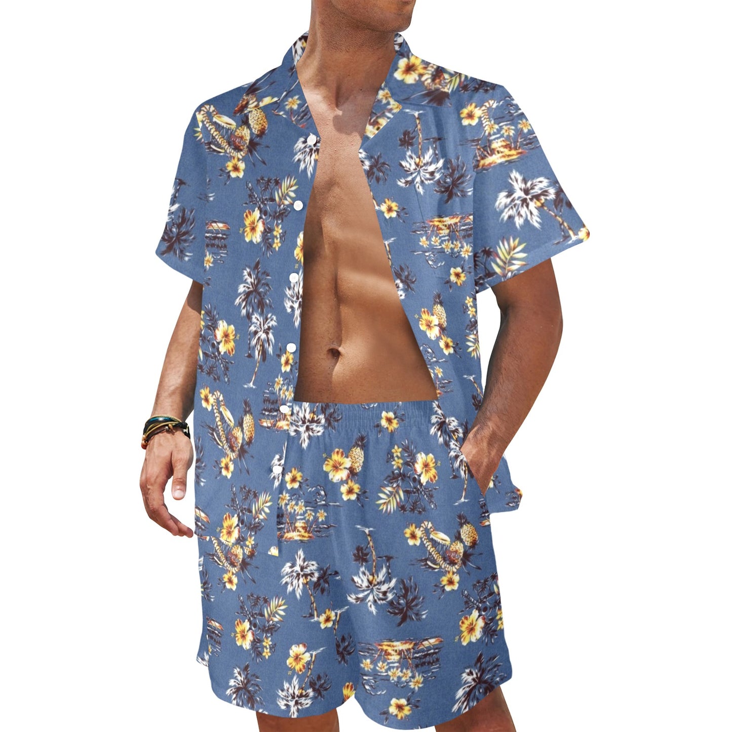 Hawaiian Flower Blue Print Men's Beach Shirt and Shorts Set